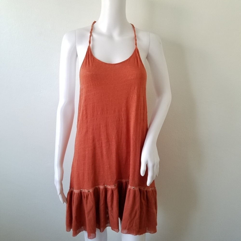 FLANNEL Brand Linen Blend Orange T- Strap Ruffle Tunic Dress Size Small